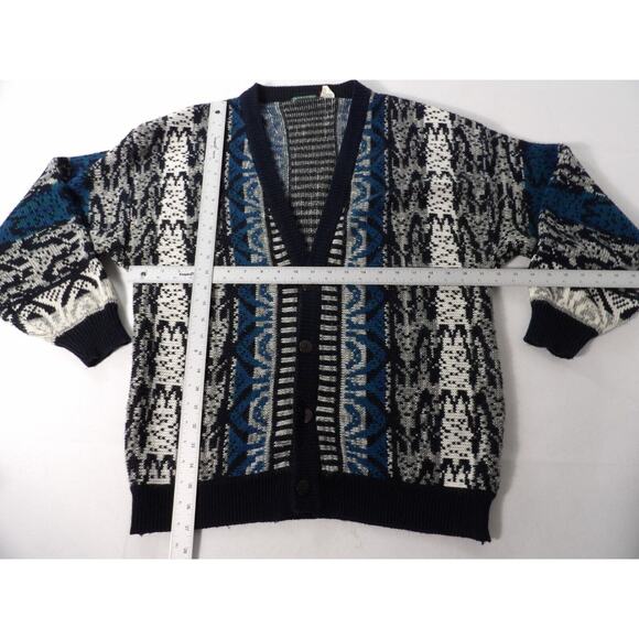 Vintage Stefano Man Cardigan Large Button Up Knit 90s Blue Black 3D Grandpa READ - Picture 4 of 11